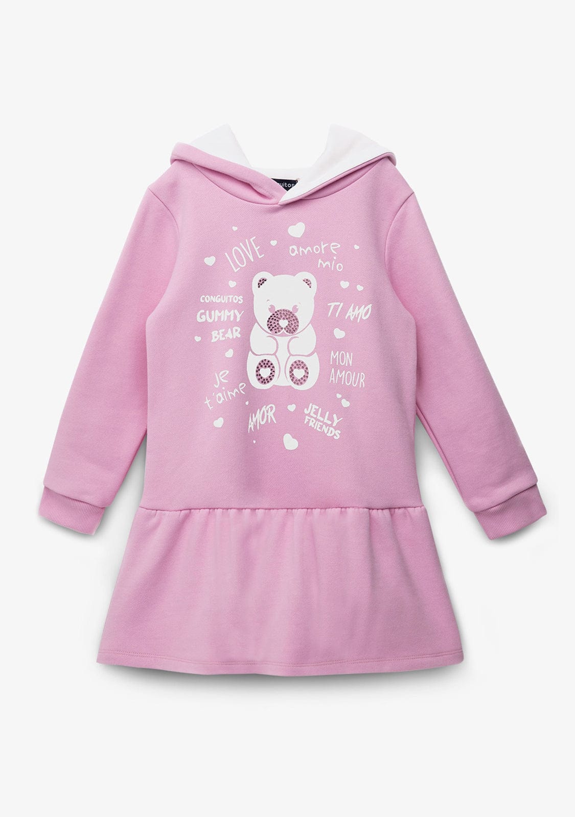 CONGUITOS TEXTIL Clothing Girl's Pink Bear Rhinestones Hooded Dress