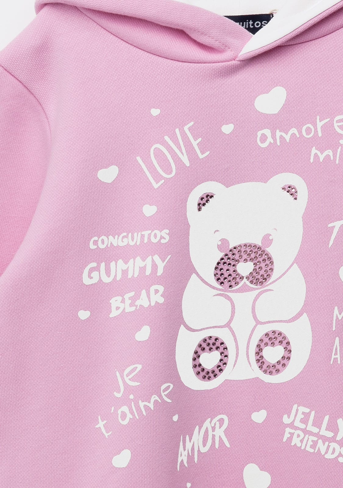 CONGUITOS TEXTIL Clothing Girl's Pink Bear Rhinestones Hooded Dress