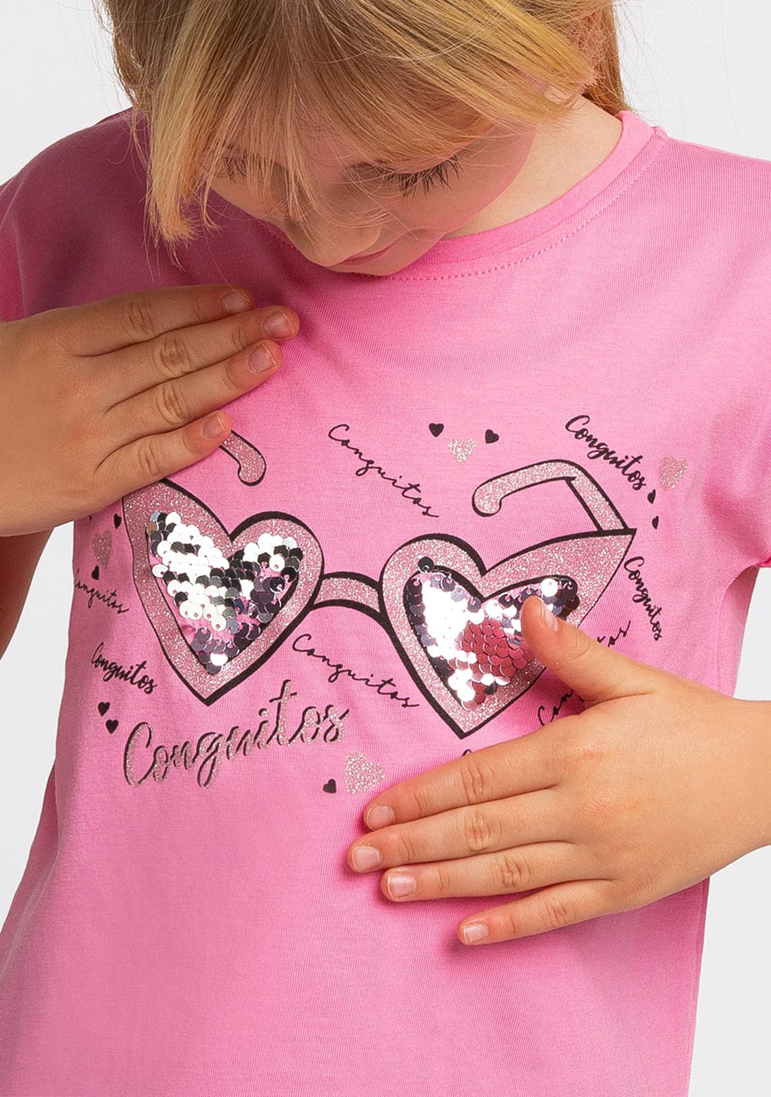 CONGUITOS TEXTIL Clothing Girl's Pink Glasses-Heart T-Shirt