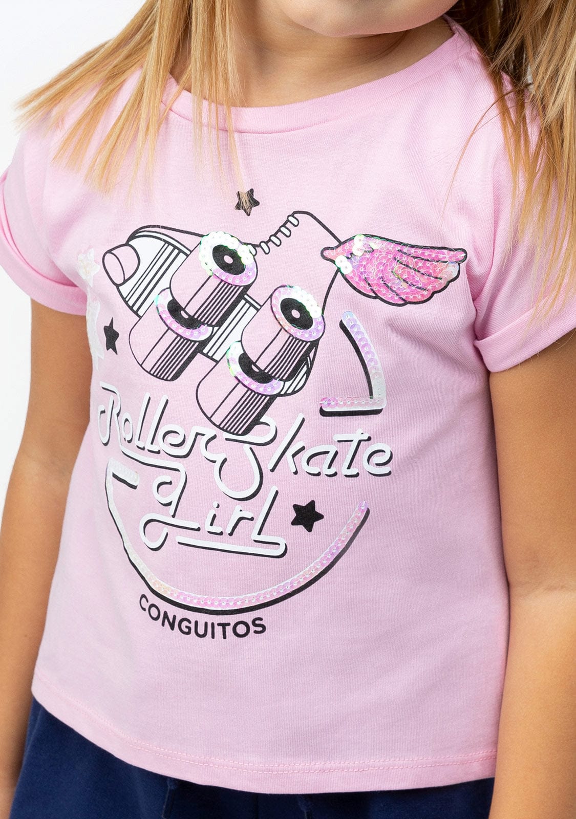 CONGUITOS TEXTIL Clothing Girl's Pink Roller Sequins T-shirt