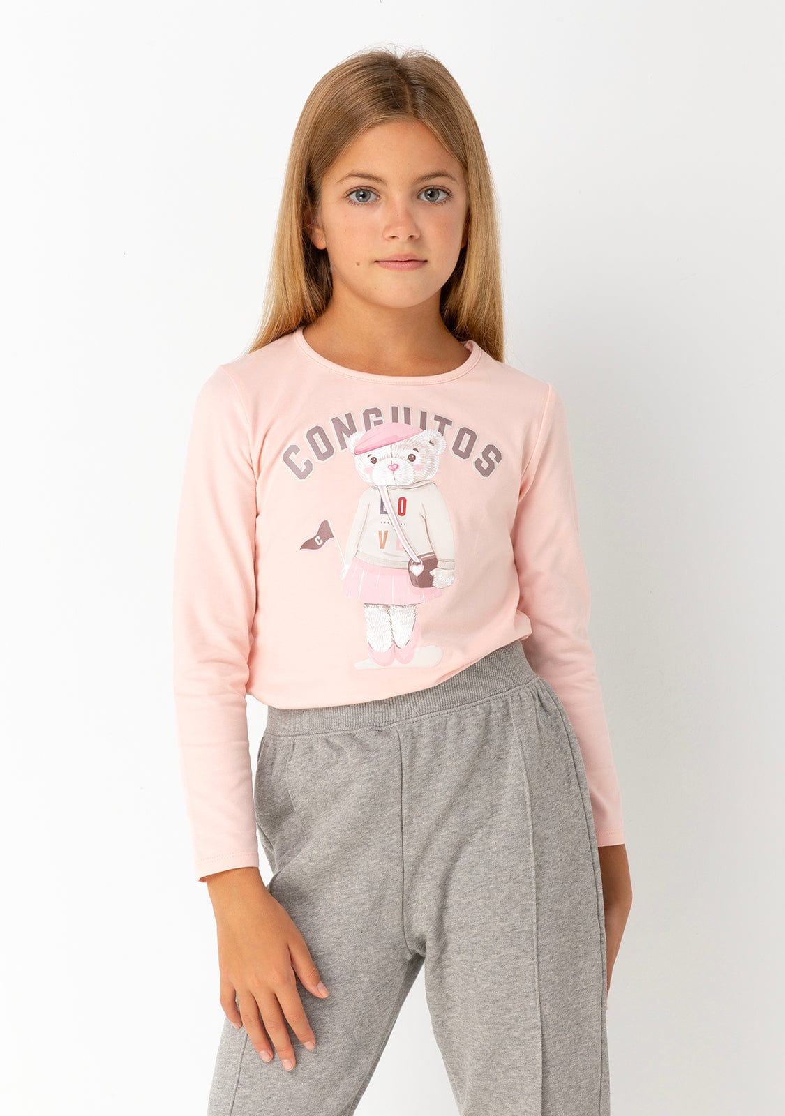 CONGUITOS TEXTIL Clothing Girl's Pink Teddy University T-Shirt