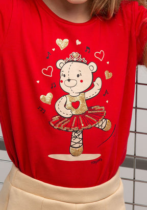 CONGUITOS TEXTIL Clothing Girl's Red Dancing Bear T-Shirt