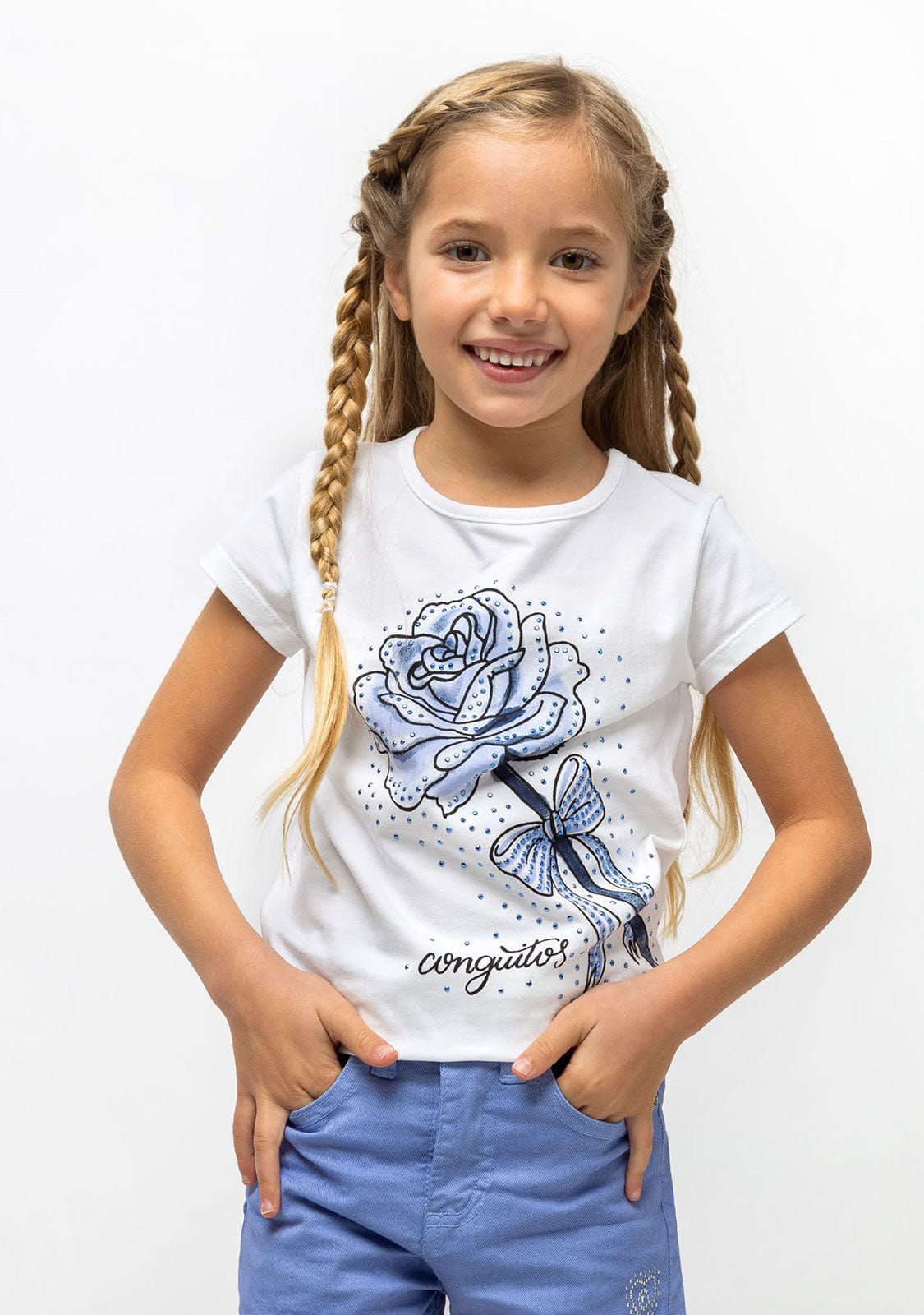 CONGUITOS TEXTIL Clothing Girl's "Rose" Light Blue Strass T-Shirt