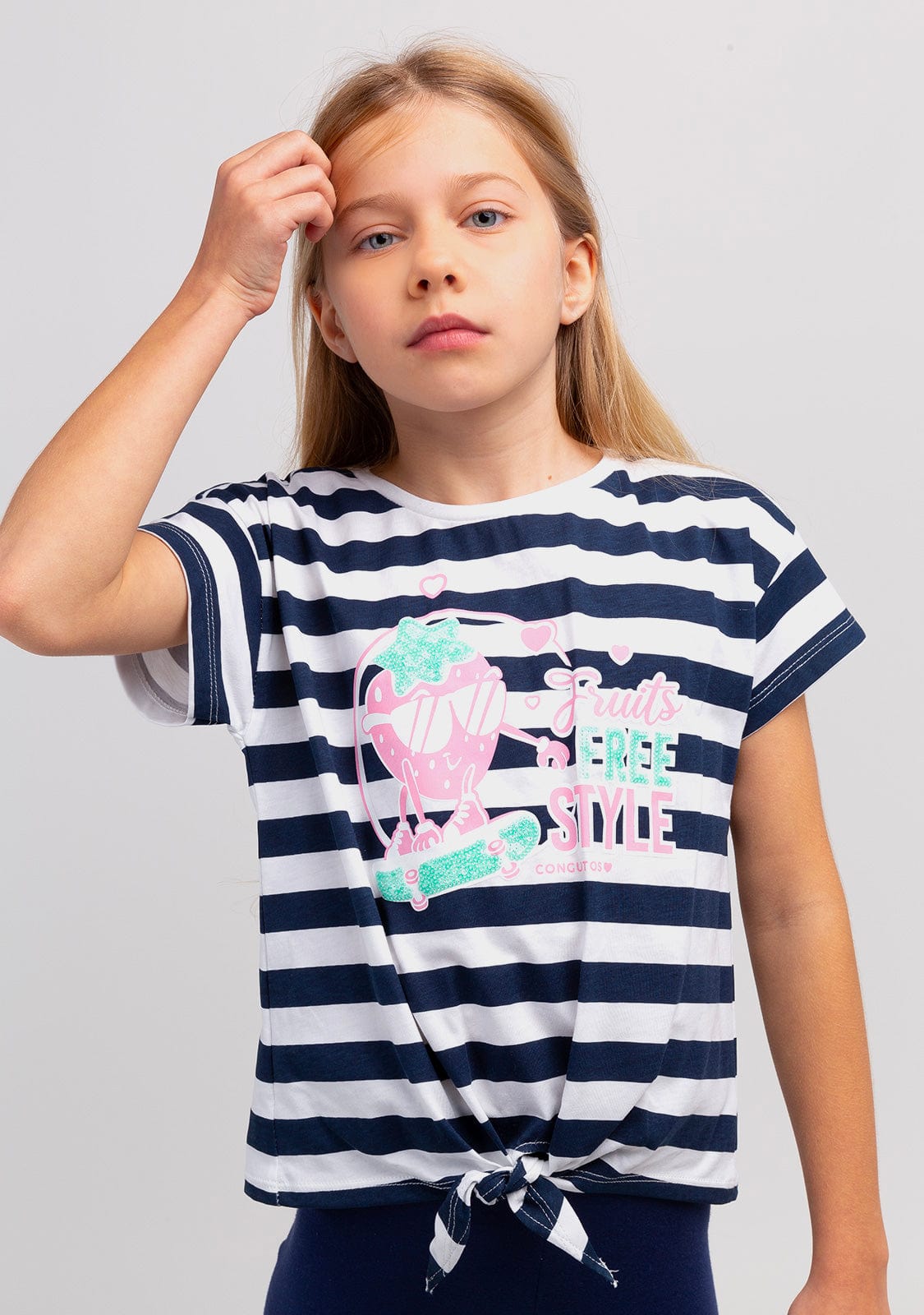 CONGUITOS TEXTIL Clothing Girl´s Stripes Knotted Strawberry Print T-shirt