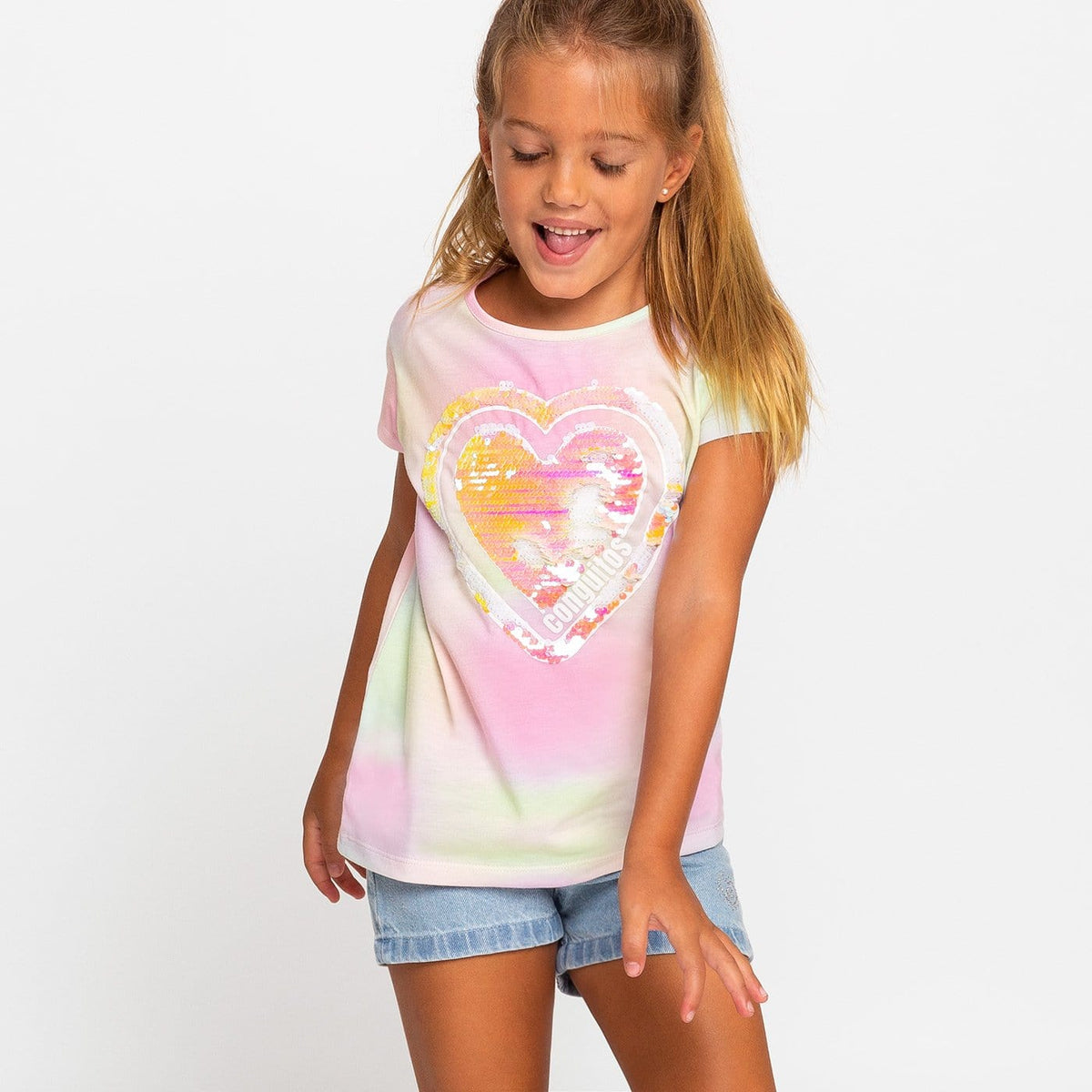 CONGUITOS TEXTIL Clothing Girl's Tie Dye Reversible Sequins T-Shirt