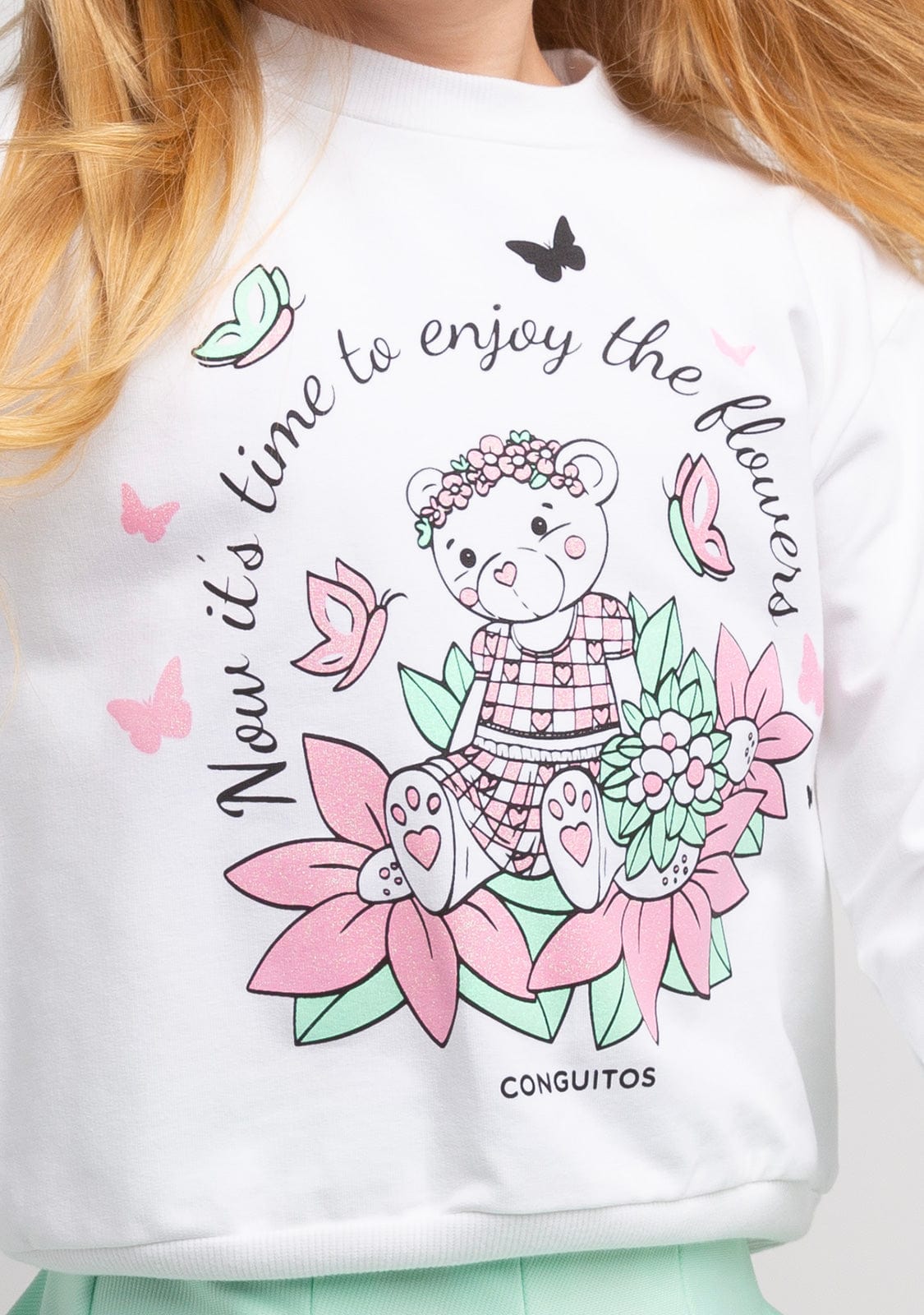 CONGUITOS TEXTIL Clothing Girl´s White Bear Glitter Flowers Sweatshirt