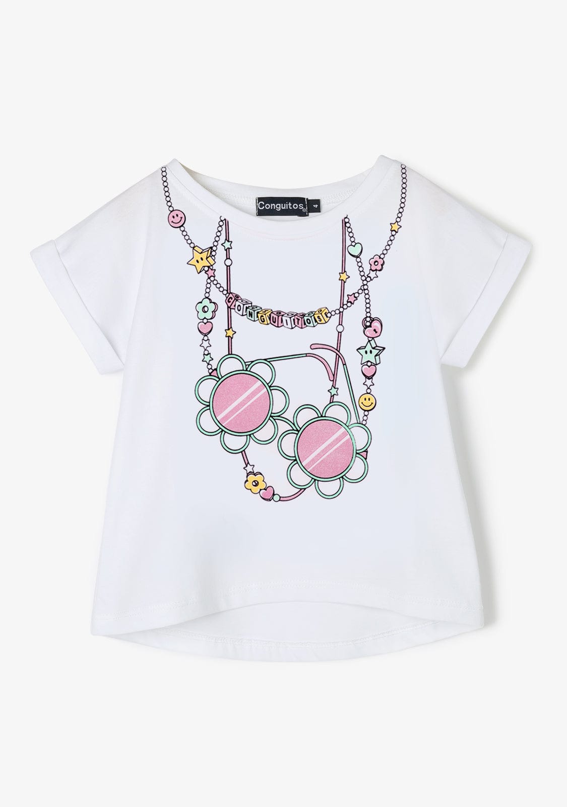 CONGUITOS TEXTIL Clothing Girl´s White Glitter Necklace T-shirt