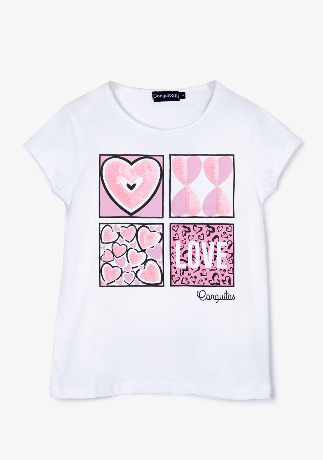 CONGUITOS TEXTIL Clothing Girl´s White Sequinned Hearts T-shirt