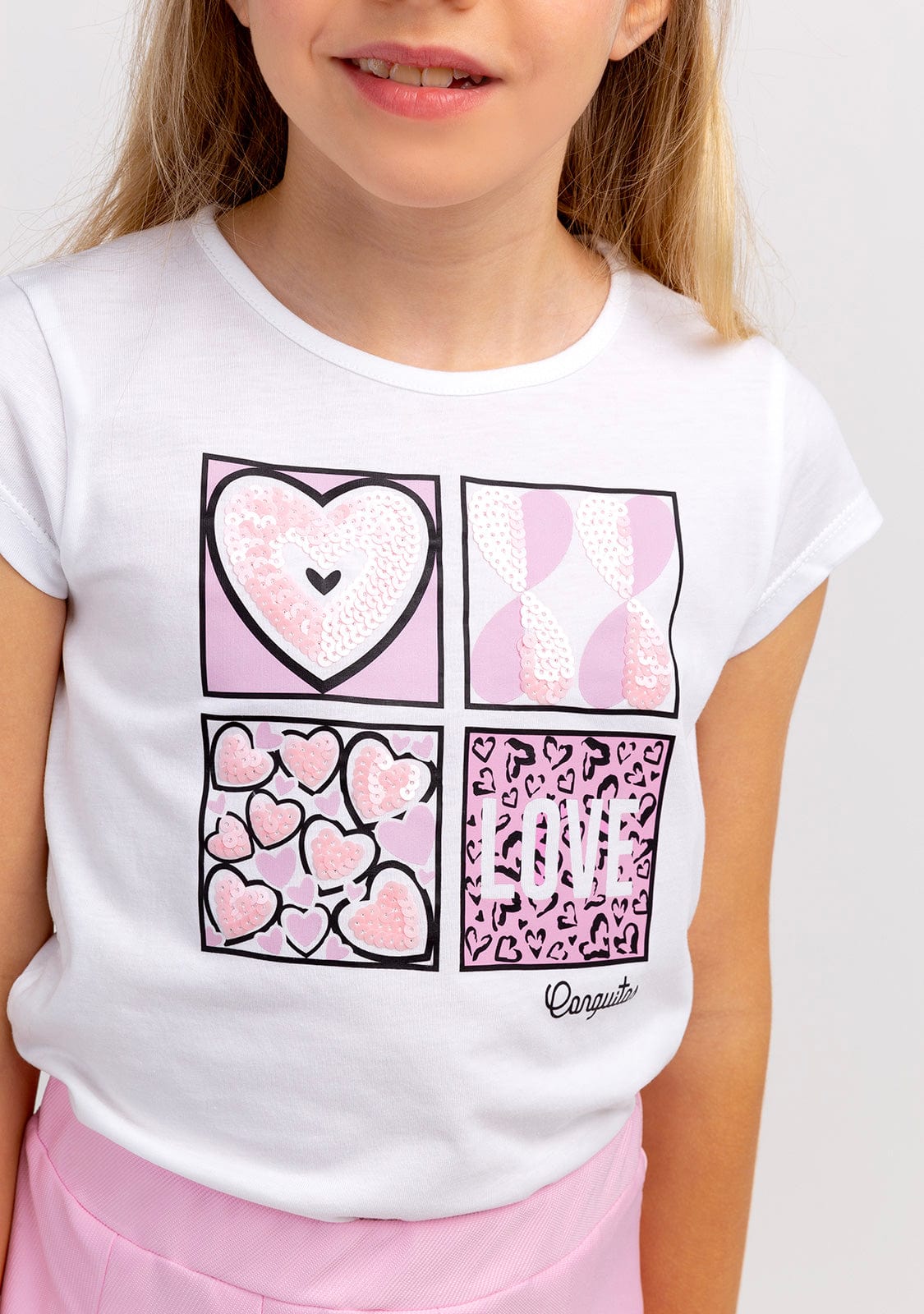 CONGUITOS TEXTIL Clothing Girl´s White Sequinned Hearts T-shirt