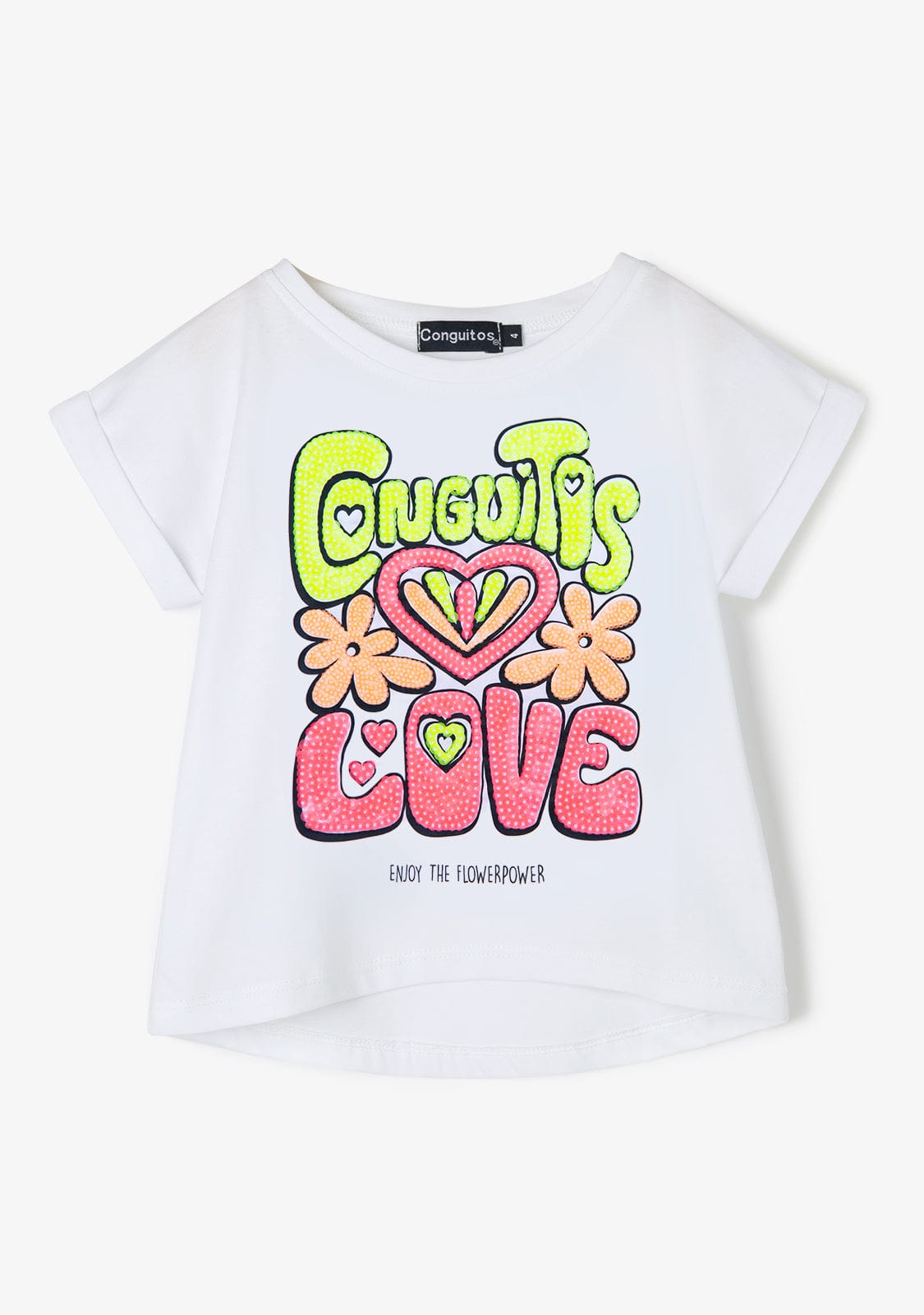 CONGUITOS TEXTIL Clothing Girl´s White Sequinned Love Fluor T-shirt