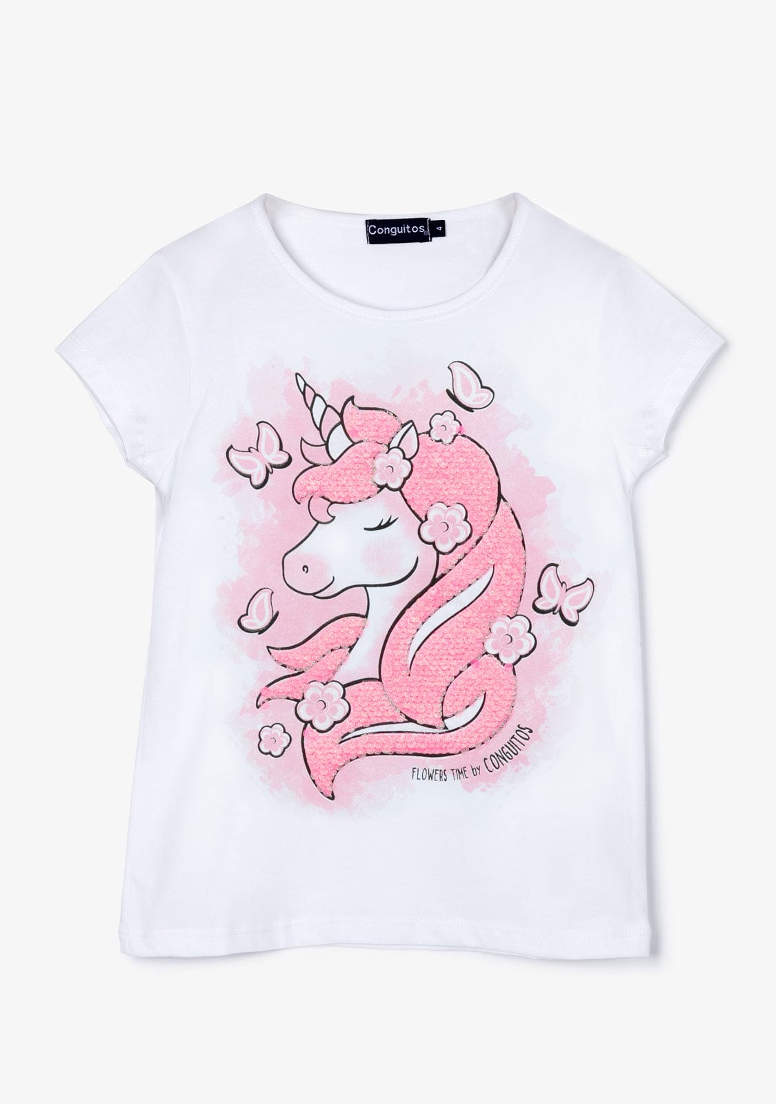CONGUITOS TEXTIL Clothing Girl´s White Sequinned Unicorn T-shirt