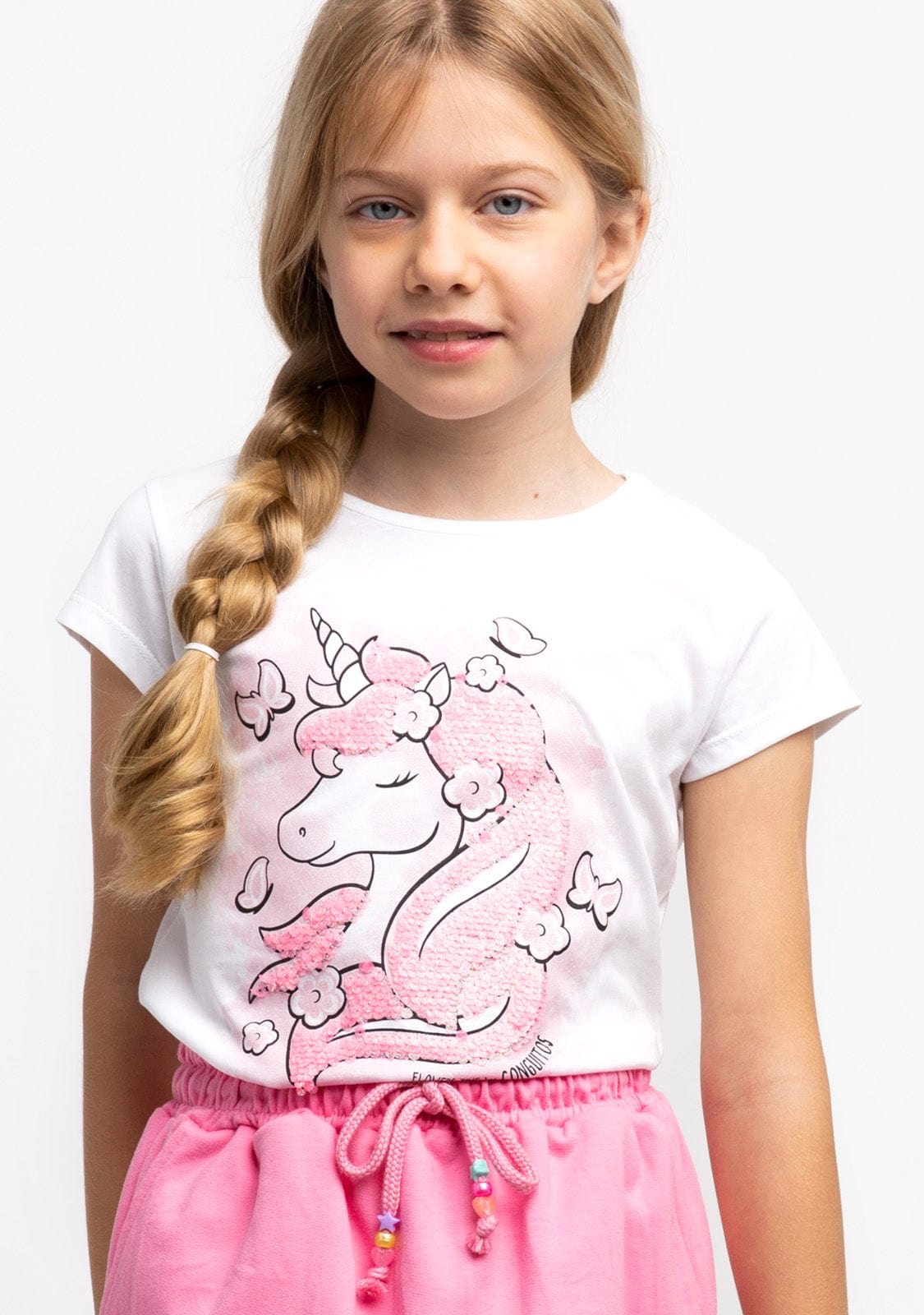 CONGUITOS TEXTIL Clothing Girl´s White Sequinned Unicorn T-shirt