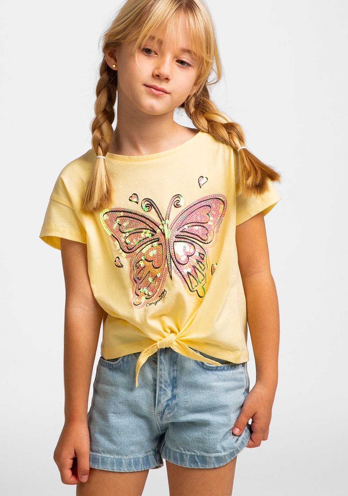 CONGUITOS TEXTIL Clothing Girl's Yellow Knotted T-Shirt