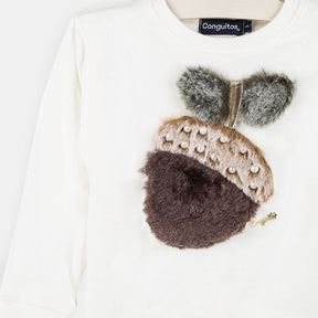 CONGUITOS TEXTIL Clothing Girls "Acorn" Ecru Faux Fur Sweatshirt