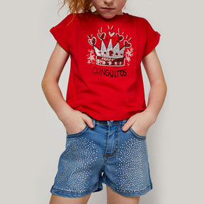 CONGUITOS TEXTIL Clothing Girls "Crown" Glitter Glow in the Dark Red T-Shirt