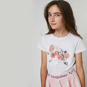 CONGUITOS TEXTIL Clothing Girls "Flowers" White T-shirt