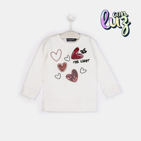 CONGUITOS TEXTIL Clothing Girls "Hearts" Ecru Sweatshirt with Lights