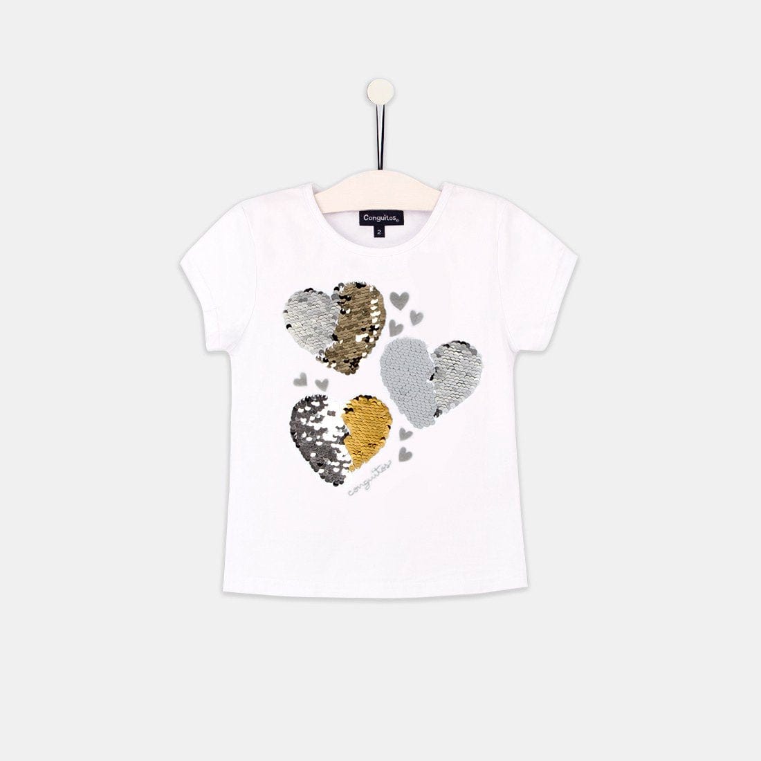 CONGUITOS TEXTIL Clothing Girls "Hearts" White Reversible Sequins T-shirt