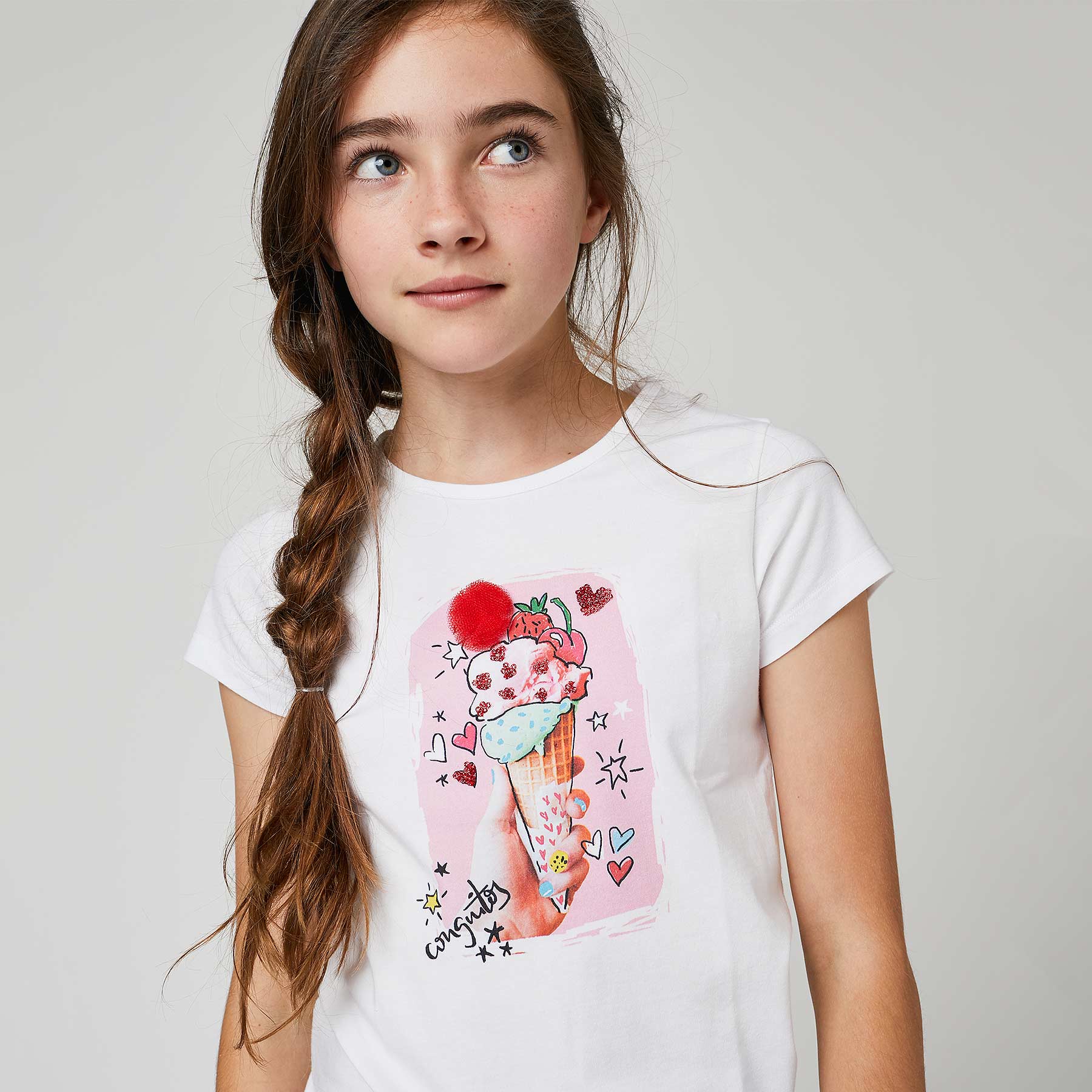 CONGUITOS TEXTIL Clothing Girls "Ice Cream" White T-Shirt