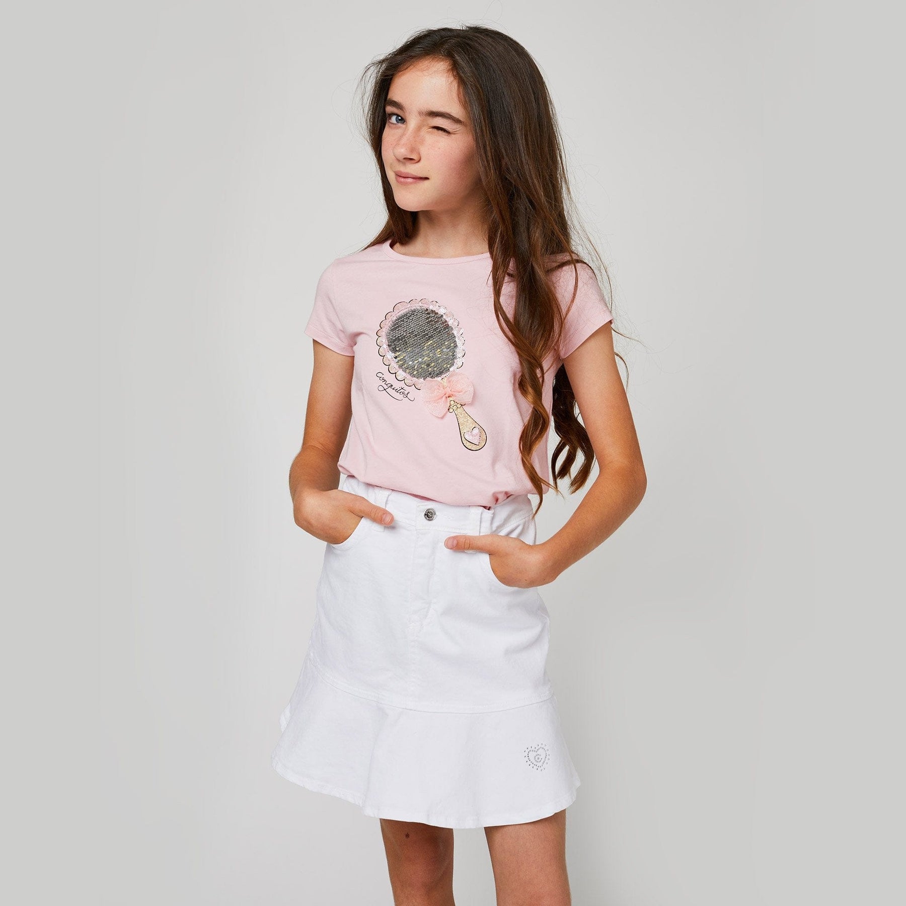 CONGUITOS TEXTIL Clothing Girls "Mirror" Pink Reversible Sequins T-shirt