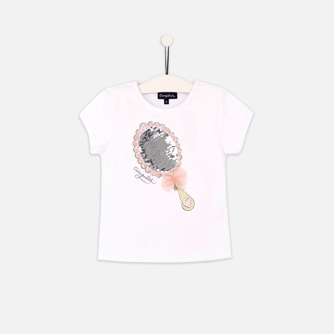 CONGUITOS TEXTIL Clothing Girls "Mirror" Reversible Sequins White T-shirt