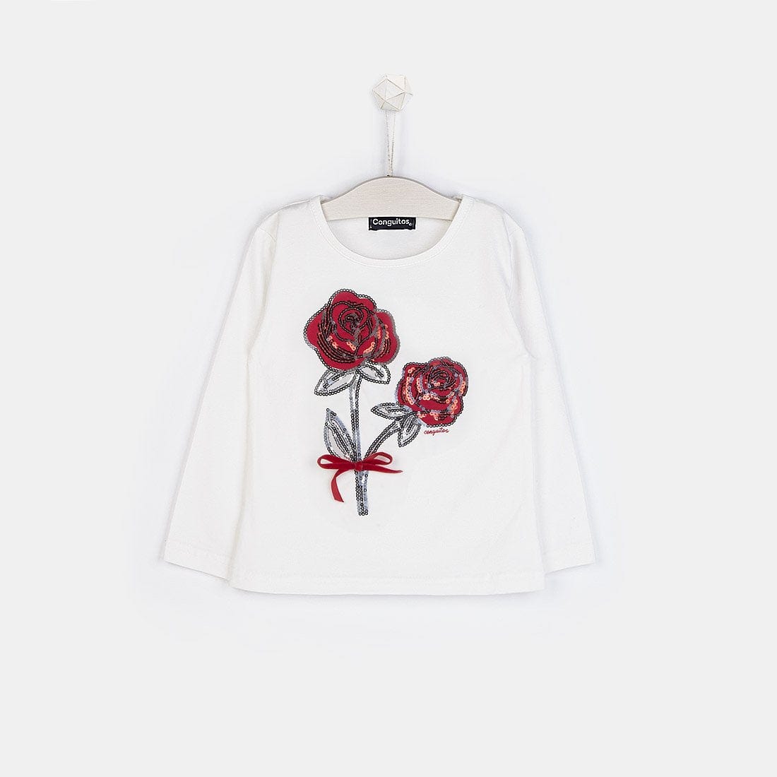 CONGUITOS TEXTIL Clothing Girls "Sequin Roses" White T-shirt