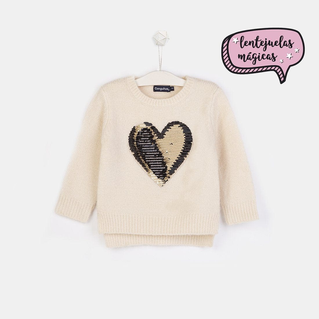CONGUITOS TEXTIL Clothing Girls "Sequins Heart" Ecru Sweater