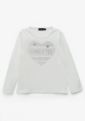 CONGUITOS TEXTIL ROPA / CAMISETAS / MANGA LARGA Girl's White Heart Strass T-Shirt