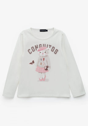 CONGUITOS TEXTIL ROPA / CAMISETAS / MANGA LARGA Girl's White Teddy University T-Shirt