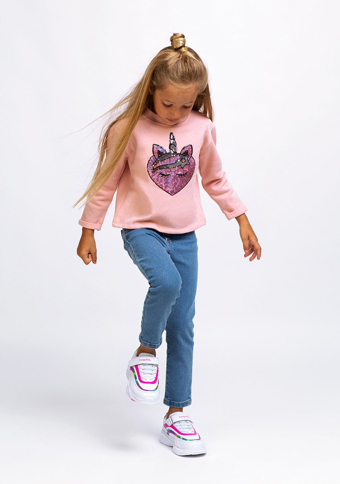 CONGUITOS TEXTIL ROPA Girl's Pink Unicorn Sequins Sweatshirt