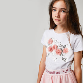 CONGUITOS TEXTIL ROPA Girls "Flowers" White T-shirt