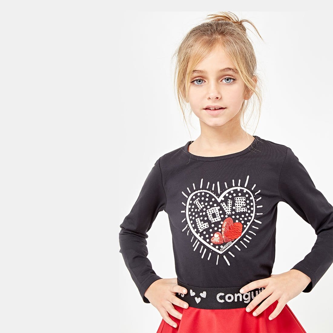 CONGUITOS TEXTIL ROPA Girls Heart Black Strass T-shirt