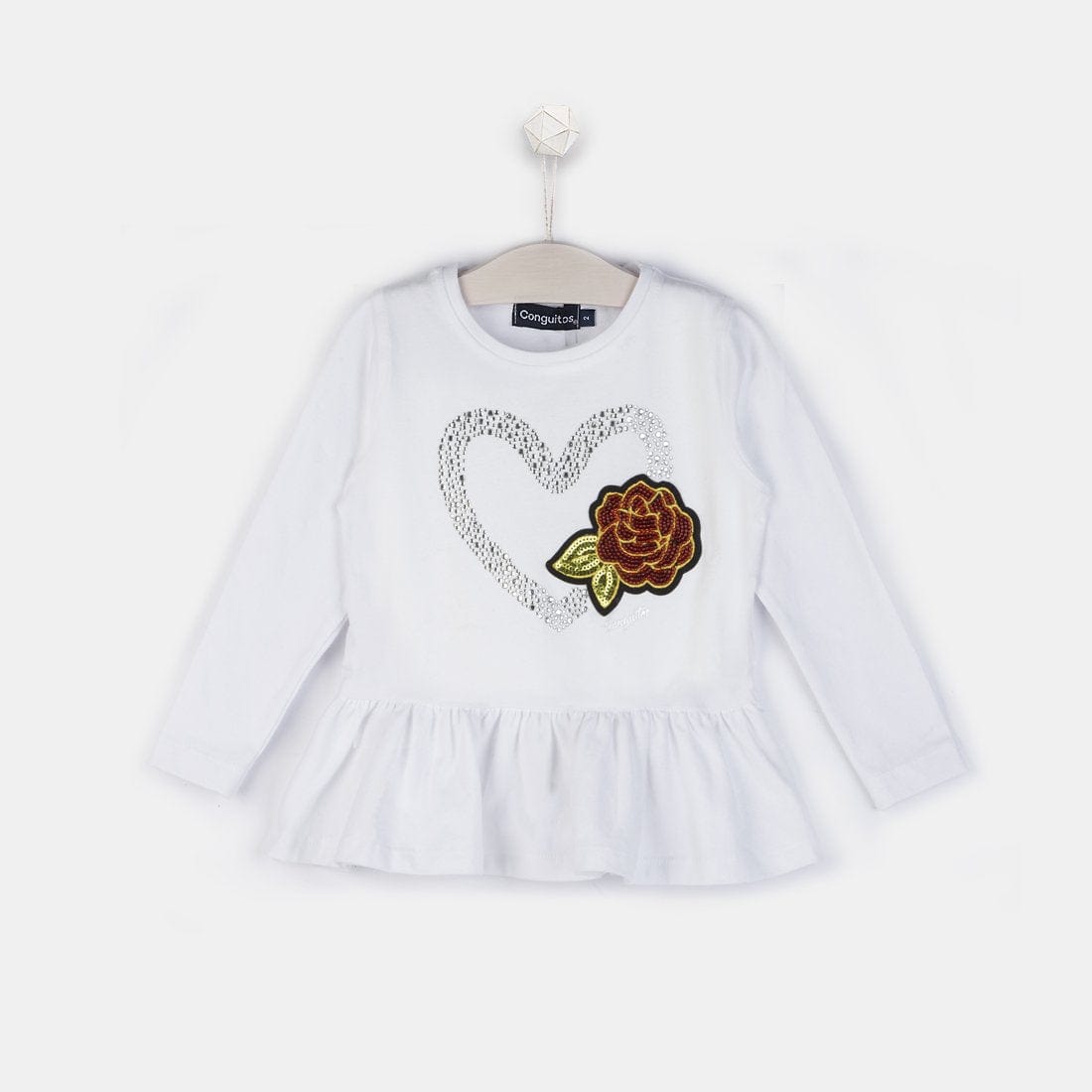 CONGUITOS TEXTIL ROPA Girls "Heart" Peplum Hem White T-shirt