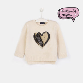 CONGUITOS TEXTIL ROPA Girls "Sequins Heart" Ecru Sweater