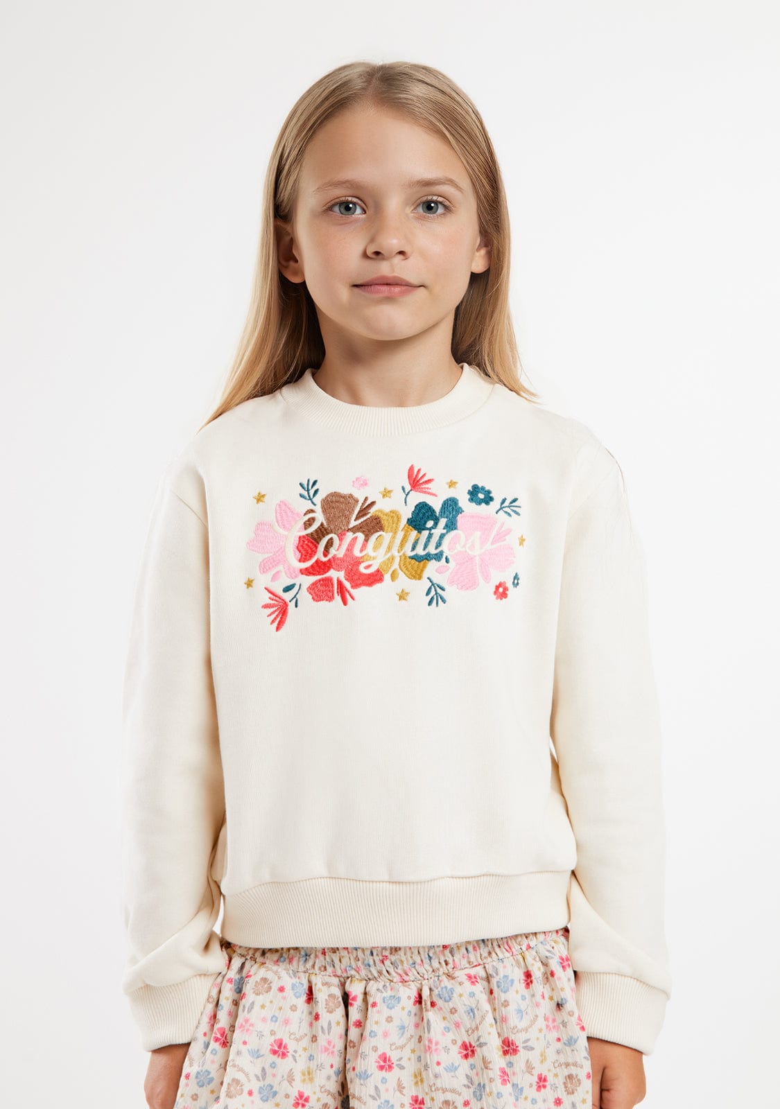 CONGUITOS TEXTIL ROPA / SUDADERAS / SUDADERAS SIN CAPUCHA Beige Flower Embroidery Sweetshirt